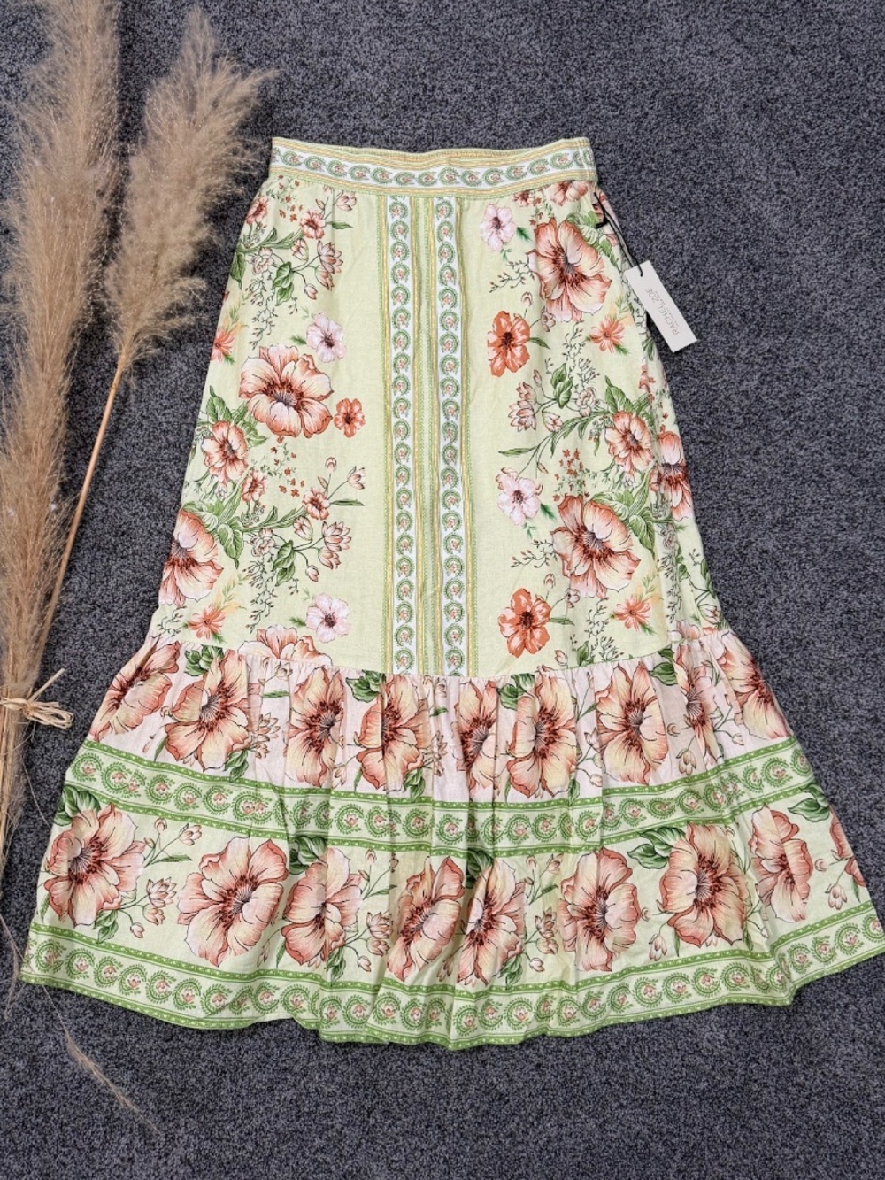 Rachel Zoe Women's Green Floral Print Cottagecore Tiered Maxi Skirt Size S NWT